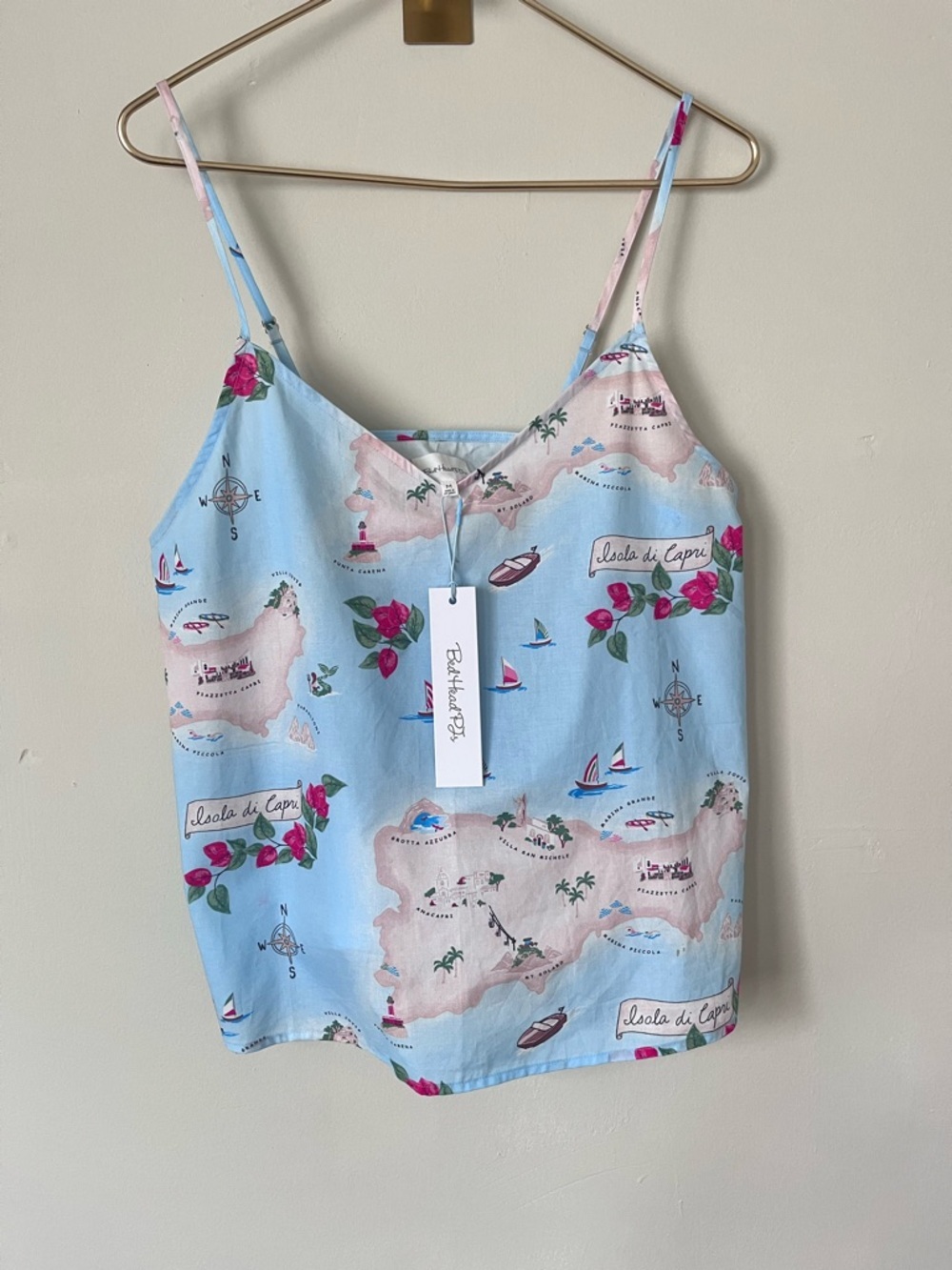 BedHead Light Blue Map Print Cami with Pink Floral Accents 100% Cotton size M